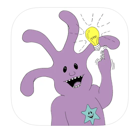 Deaf Gain What storytelling app purple smiling character with a lightbulb over its head having an idea